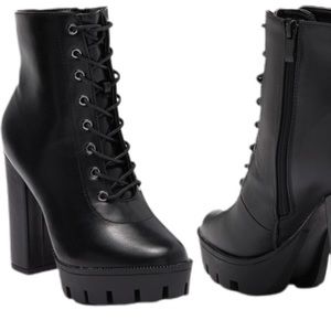 TOP Moda PU Leather Black Heeled Lace Up Combat Boots Nordstrom Size 6 NEW W Box
